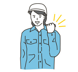 ガッツポーズをする女性の作業員
