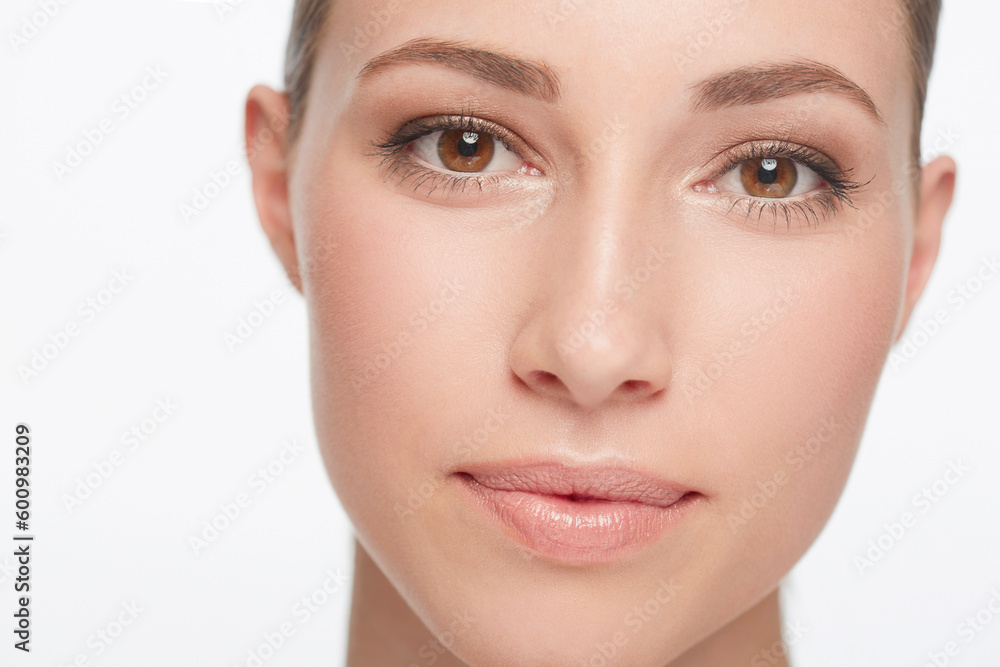 Canvas Prints Portrait, beauty and woman with dermatology, skincare and confident girl isolated against a white studio background. Face, female person and model with organic facial, treatment and grooming routine