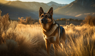 Morning Patrol: Photo of guide dog, a majestic German Shepherd, patrolling a grassy meadow at sunrise, with the majestic mountain range in the background. Generative AI