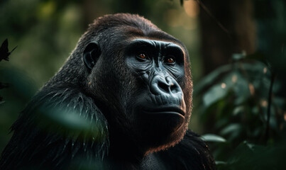 Fototapeta premium Photo of gorilla, imposing & majestic, standing tall in heart of an African rainforest. gorilla's thick fur, rippling muscles, and intense gaze are illuminated by the soft, warm light. Generative AI
