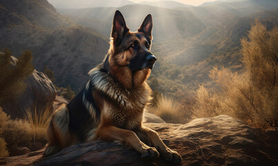 German Shepherd, alert and poised amidst a rugged mountain landscape, photo showing breed's characteristic strength, loyalty, intelligence & transports viewers into heart of wilderness. Generative AI
