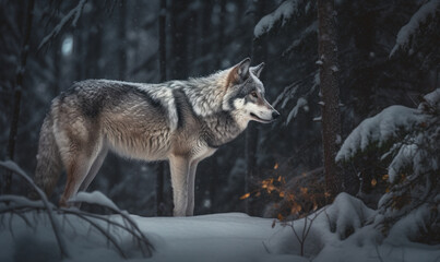 Photo of gray wolf showcasing its wild spirit as it prowls through a snowy forest under soft glow of the moon. lighting highlights wolf's fur & accentuates atmospheric depth of scene. Generative AI