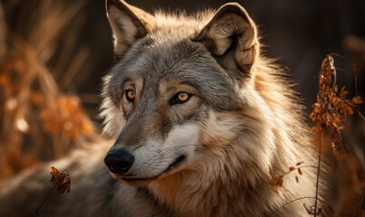 close up photo of gray wolf on blurry forest background. Generative AI