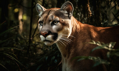 close up photo of Florida panther on blurry forest background. Generative AI