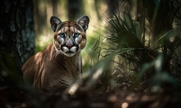 Photo of Florida panther captured stealthily stalking through dense underbrush of a sweltering Floridian forest, sun illuminating every muscle and sinew of the powerful feline's body. Generative AI