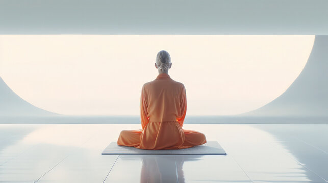 blond woman in orange robe meditating cross-legged from behind in a high-key, salt lake scenery, pastel colored clouds, as banner, background or single image, generative ai