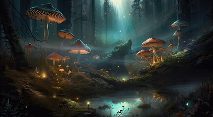 Fototapeta na wymiar Dark mushroom world. Trippy, hallucinogenic. Generative AI 