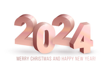 Realistic 3D rose gold numbers 2024 with shadows on white background. Vector pink golden greeting concept for web, print, ad, greeting card design element.