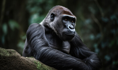 Fototapeta premium close up photo of gorilla on blurry green jungle background. Generative AI