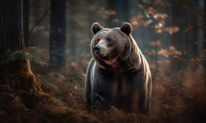 Photo of grizzly bear, standing tall in a forest clearing. The bear's thick fur and powerful muscles are highlighted showing Majestic Grizzly Bear in the Wild. Generative AI