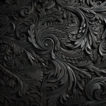 An AI generative black and silver floral pattern featuring detailed craftsmanship, organic sculpting, detailed crowd scenes, ornate calligraphy, realistic detailing, and curvilinear forms