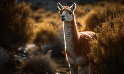 sunrise photo of guanaco (Lama guanicoe) in its natural habitat. Generative AI