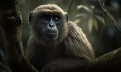 photo of gibbon in its natural habitat. Generative AI