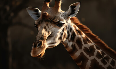 close up photo of giraffe on blurry savannah background. Generative AI