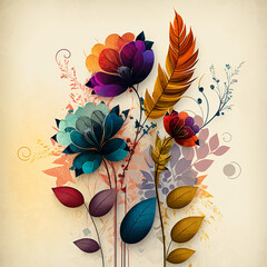 Original floral design with exotic flowers and tropic leaves. Colorful flowers on light background.