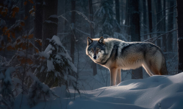 Photo of gray wolf showcasing its wild spirit as it prowls through a snowy forest under soft glow of the moon. lighting highlights wolf's fur & accentuates atmospheric depth of scene. Generative AI
