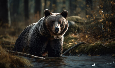 Obraz na płótnie Canvas photo of wet grizzly bear standing in forest river. Generative AI