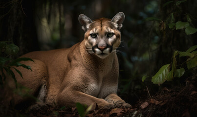 close up photo of Florida panther on blurry forest background. Generative AI