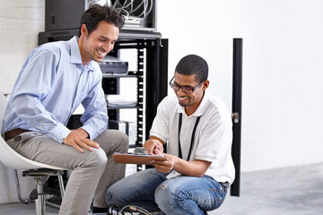 Server room, it support and clipboard with a technician talking to a business man about cyber security. Network, database and contract with a male engineer chatting about information technology
