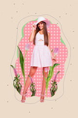 Magazine creative collage template of beautiful lady girlfriend in summertime tour weekend holding...