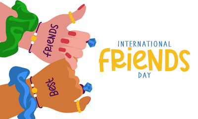 International Friends Day. Two friends with the same jewelry holding hands demonstrate unity and teamwork. People hold hands with fingers with the inscription best friends. Flat design, vector concept