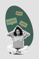 Vertical collage image of impressed black white effect girl use netbook read propaganda lies news...