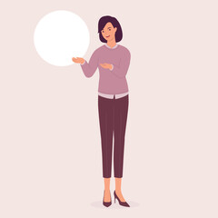 One Smiling Woman With Both Arms Raised Showing A Blank Sign. Full Length. Flat Design Style, Character, Cartoon.