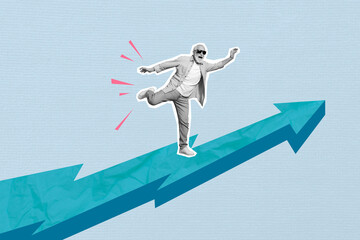 Magazine template collage of elderly job worker rising up on blue arrow work development concept