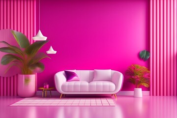 Fototapeta na wymiar Livingroom in trend viva magenta wall background mockup with sofa furniture and decor.