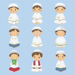 Muslim boys reading Quran character vector set. cute Muslim children in white clothes, holding and reading Quran. 