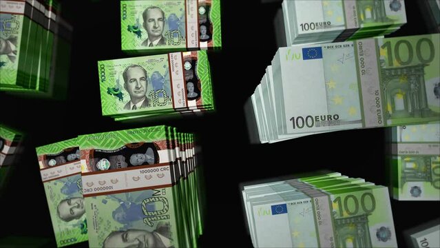 Euro and Costa Rica Colon money exchange. Paper banknotes pack bundle. Concept of trade, economy, competition, crisis, banking and finance. Notes loopable seamless 3d animation.