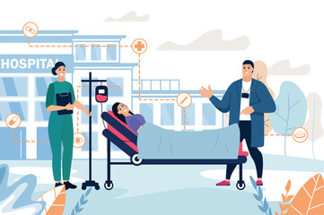 Medicine concept Hospital beds with people scene in the flat cartoon design. Boy came to the hospital to visit his friend. Vector illustration.