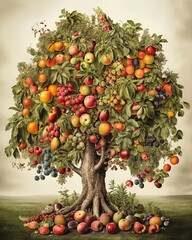 Tree of life with different kinds of fruits like apples, pears, cherries, plums, peach, Generative AI - obrazy, fototapety, plakaty