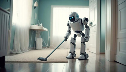 housekeeping artificial intelligence robot maid working on a vacuum cleaner Generative AI - obrazy, fototapety, plakaty