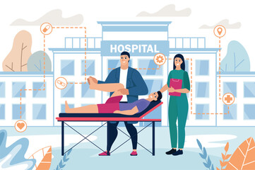 Medical massage medicine concept with people scene in the flat cartoon design. Doctor gives a massage to a patient who has a sore lag. Vector illustration.