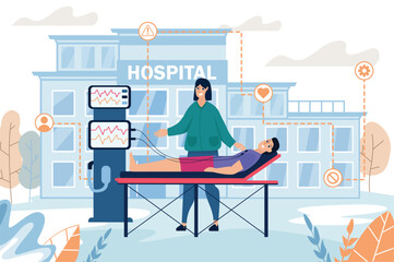 Cardiogram medicine concept with people scene in the flat cartoon style. Nurse performs a cardiogram on a man. Vector illustration.