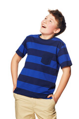 Happy, young boy and wow in studio for fashion, sale or deal while posing excited on white background. Surprised, preteen and male person looking up for discount, good news or isolated announcement