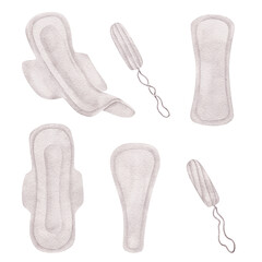 Menstruation Feminine hygiene products, Set of clean hygienic pads with wings and tampons, sanitary napkins. Soft cotton texture. Menstrual cycle. Women's Health. Hand drawn watercolor illustration © Daryartsy