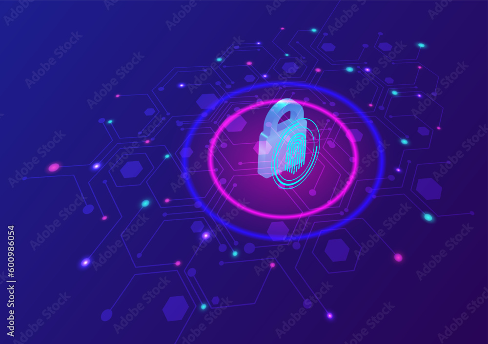 Poster abstract technology protection system secures data access by finger scanning. blue and pink glowing 