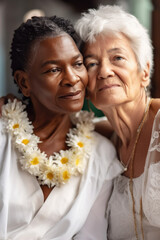 Old women lesbian couple. marrage Black and Caucasian female bride in love. LGBT pride month celebration generative ai