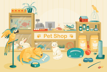 Pet shop indoors. Pet store interior. Vector cartoon illustration. 