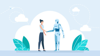 Ai robot and businesswoman handshake together. Partnership with AI. Artificial Intelligence Robot and Woman Character Shaking Hands. Cooperation with Artificial Intelligence. Vector illustration