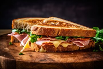  a ham and cheese sandwich photographed from overhead on warm marble. Generative AI.