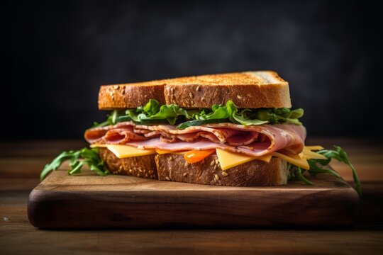  A Ham And Cheese Sandwich Photographed From Overhead On Warm Marble. Generative AI.