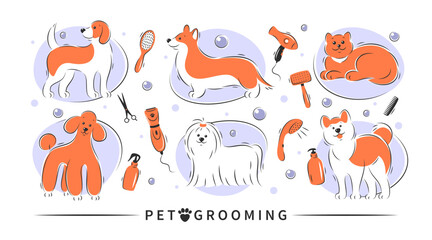 Fototapeta na wymiar Pet grooming. Dog and cat beauty grooming salon, haircuts, bathing, care hair of pet. Vector illustration.