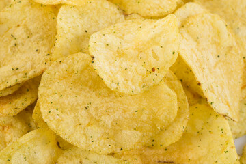 Prepared potato chips snack closeup view
