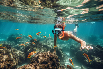 Boy snorkeling in a transparent ocean watching colorful fish - obrazy, fototapety, plakaty