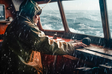 Veteran sailor in the cabin of the ship looking for areas to fish in the high seas - obrazy, fototapety, plakaty