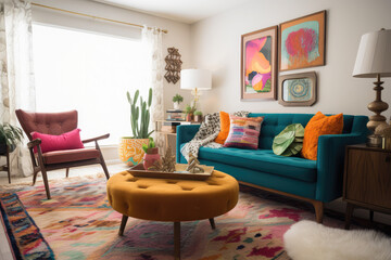A colorful and eclectic living room inspired by mid-century modern design, with vintage pieces mixed with contemporary art and bold pops of color, generative AI