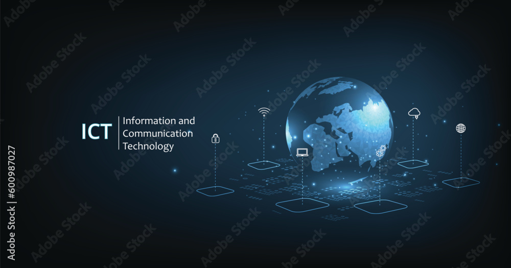 Aufkleber information and communication technology(ict)concept.information and communication technology on dar